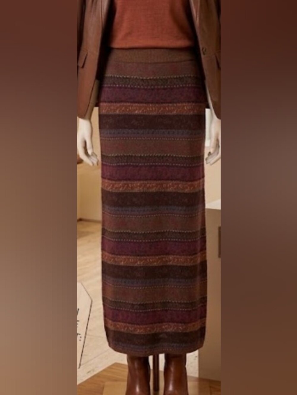 Vintage 90's Wool Blend Striped Knit Maxi Skirt in Burgundy and Brown (Sz S)
